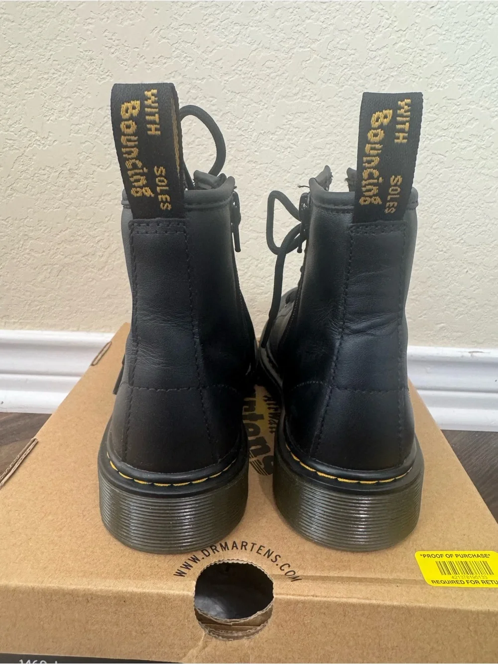Dr. Martens Kids Black Lace-Up Boots with Yellow Stitching